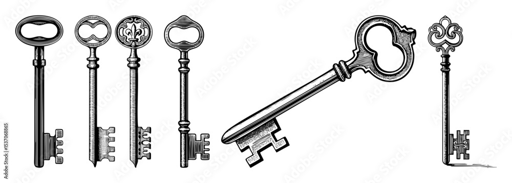 Vector Collection of antique skeleton keys presented as detailed engravings. Vector Collection of antique skeleton keys presented as detailed engravings.