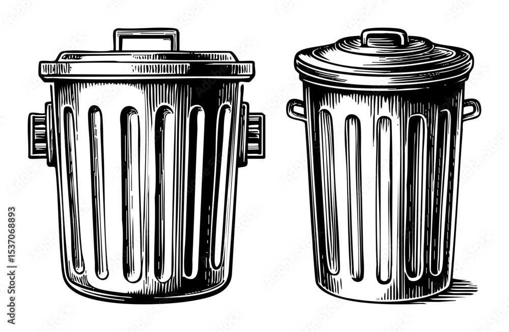 Vector Two metal waste containers with lids stand side-by-side. Vector Two metal waste containers with lids stand side-by-side.