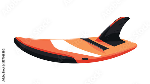 A studio shot of an orange and black inflatable wing foil board. The board is predominantly orange with black accents and a white stripe. It features a prominent fin at the rear.