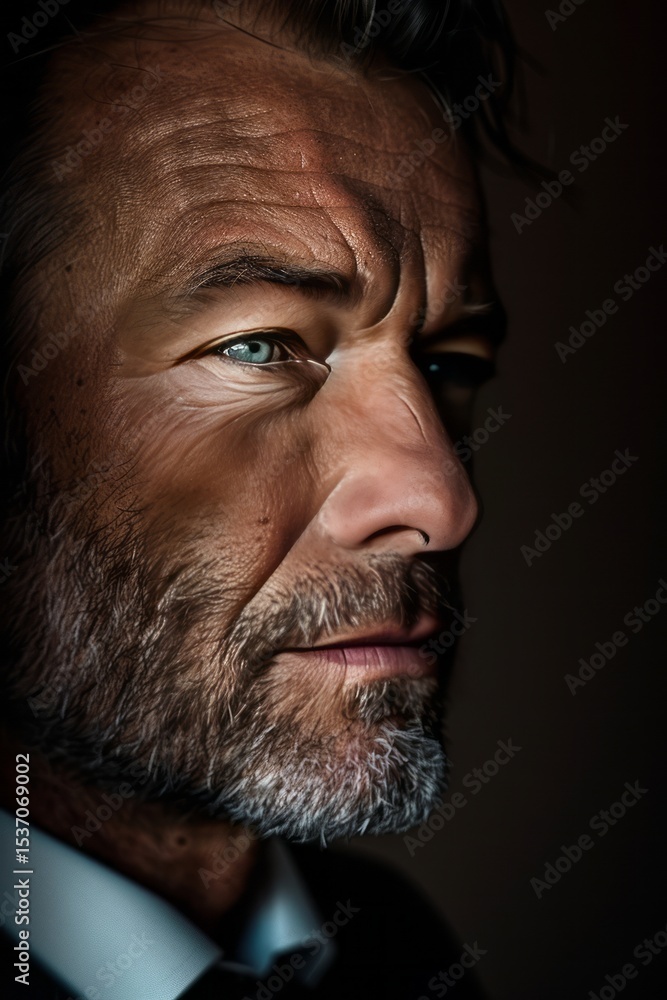 Obraz premium Portrait of a Mature Man with Graying Beard Intense Gaze Serious Expression Profile View Dramatic Lighting Studio Shot Professional Headshot Masculine Features Strong Jawline Detailed Texture Wrinkled