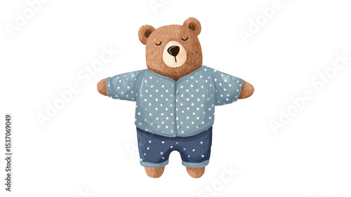 Digital illustration of a brown bear wearing blue pajamas with a white polka dot pattern. The bear is depicted in a standing pose with its arms outstretched, appearing sleepy or tired. The style is