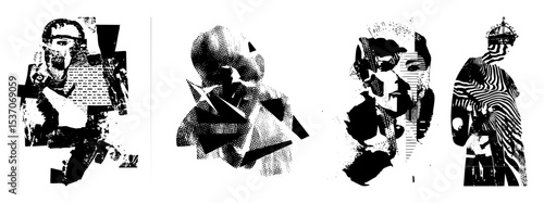 Vector Abstract portraits of figures with halftone and geometric shapes.