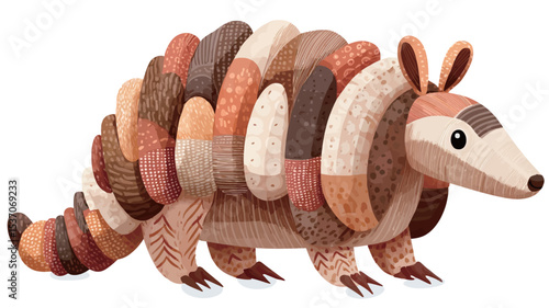 A digital illustration of an armadillo depicted in a stylized manner. The armadillo's shell is composed of segments in various shades of brown, beige, and orange, resembling a patchwork or textured