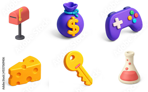 Collection of 3D icon mailbox money bag game controler key cheese and test tube. 
