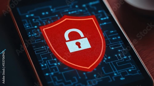 Smartphone with a security symbol displaying digital protection concept on screen, illustrating online safety and data privacy.