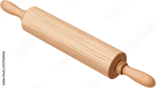 A high-angle, full shot of a light-colored wooden rolling pin.  The rolling pin is cylindrical with slightly tapered ends, each featuring small, rounded handles.  