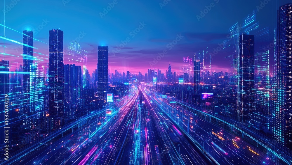 Fototapeta premium Futuristic city highway at dawn