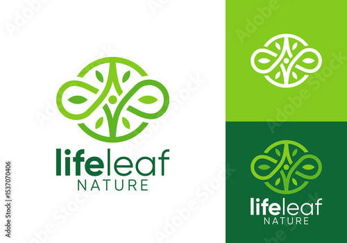 happy people with leaf nature logo. wellness circle infinity line art symbol vector design