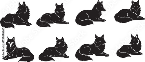Wolf Lying dawn black silhouette  set