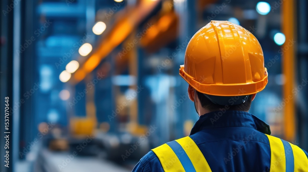 Construction Worker in Safety Gear Observing Industrial Facility with Brightly Lit Background, Focus on Safety and Productivity in Modern Manufacturing Environment Construction Worker in Safety Gear Observing Industrial Facility with Brightly Lit Background, Focus on Safety and Productivity in Modern Manufacturing Environment