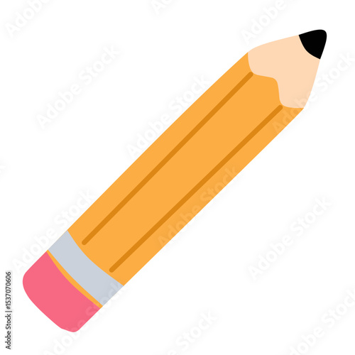 A flat, colorful cartoon-style yellow pencil icon with pink eraser and graphite tip. Ideal for school, education, and stationery designs.