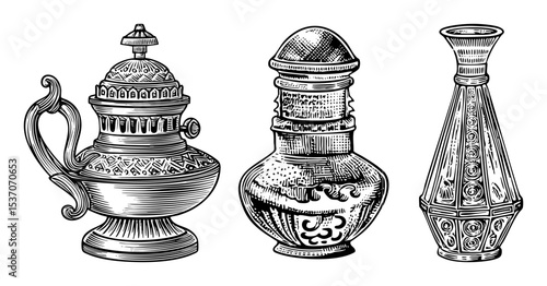 Vector Ornate antique vessels including a pitcher jar and vase are presented as detailed engravings.