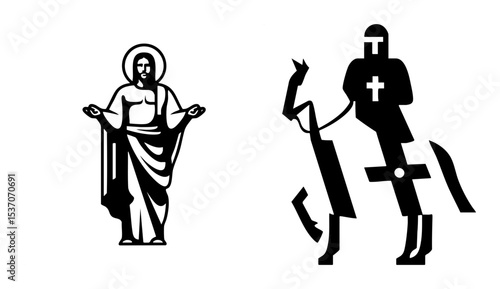Vector Religious depict Jesus Christ and a medieval knight in black silhouette.