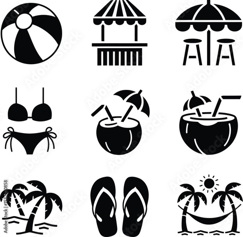 Tropical Vacation Vector Icons of Beach Ball, Tiki Bar, Flip-Flops, Bikini, Hammock, Coconut, set of beach icons, Minimalist Summer and Beach Vector icon Sets