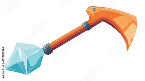A digital illustration of a cartoon ice harvesting tool. The tool is predominantly orange with a long handle and a curved blade.  The blade's end is a stylized, multifaceted light blue crystal