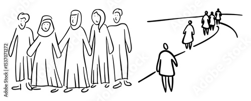 Vector Diverse group of people and a solitary individual walking away.