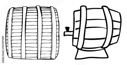 Vector Wooden barrels with tap front and side views.