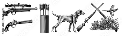 Vector Vintage hunting scene featuring firearms a dog and game bird.