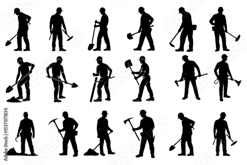 Collection of Construction Worker Silhouettes Digging Tools Laborers Manual Work.Silhouettes set of workers with helmets. Vector flat style illustration isolated on white 