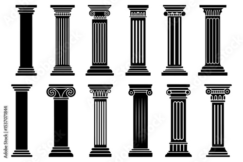 Classic Greek Columns Architectural Design Elements Set for Construction Projects and Decoration, silhouette,Clipart collection ancient columns in outline and silhouette formats 