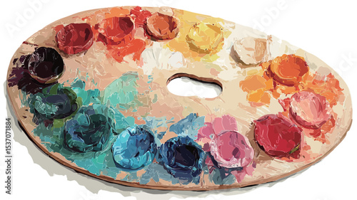 High-angle, close-up view of an oval-shaped wooden artist's palette. The palette is light beige and shows signs of wear and previous use.  Multiple small wells contain various colors of oil paints