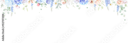Bridgerton inspired pastel floral vector design banner. Blue delphinium, white peony, coral rose, magnolia, hyacinth, hydrangea, greenery and plants. All flowers and branches are isolated and movable.