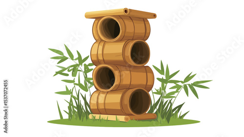 A digital illustration of a three-tiered cat tower constructed from bamboo segments. Each tier features a circular opening.  The tower is situated on a patch of green grass with bamboo leaves