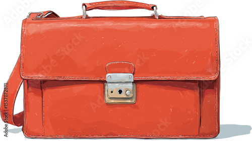 Close-up studio shot of an orange leather briefcase. The briefcase is rectangular with a top handle and a shoulder strap.  It features a metal clasp closure. The leather appears to have a slightly