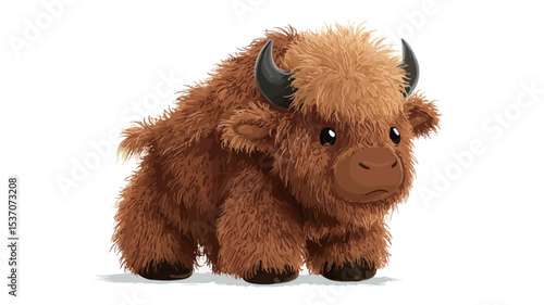 A close-up studio shot of a brown plush yak toy against a white background. The toy is small and features realistic details such as short horns, shaggy fur, and a slightly grumpy facial expression.
