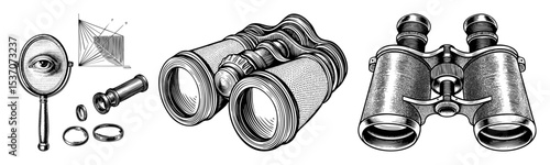 Vector Detailed of binoculars optical components and human eye anatomy.