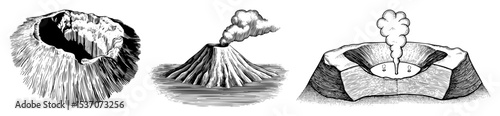 Vector Detailed illustrations depict volcanic eruptions and geological formations.