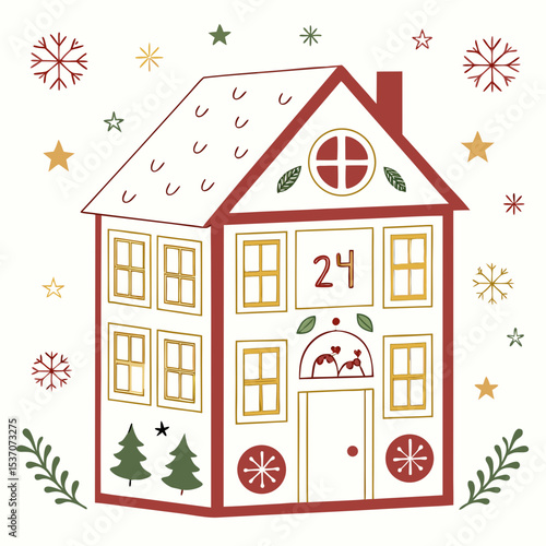 Christmas advent calendar house illustration, 24 days, festive design