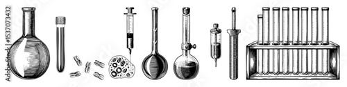 Vector Vintage laboratory glassware and tools .