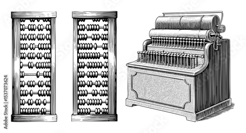 Vector Vintage calculating devices including an abacus and mechanical calculator are presented as detailed illustrations.