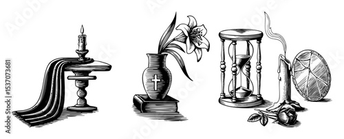 Vector Vintage funeral still life featuring a candle vase hourglass and rose.