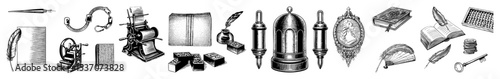 Vector Vintage writing implements and stationery collection in engraved style.