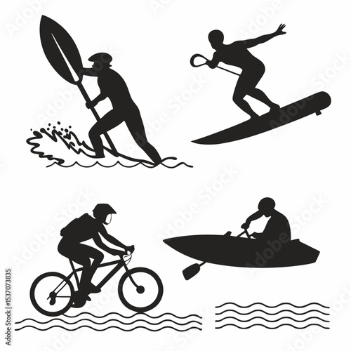 Extreme sports silhouettes water sports cycling rowing