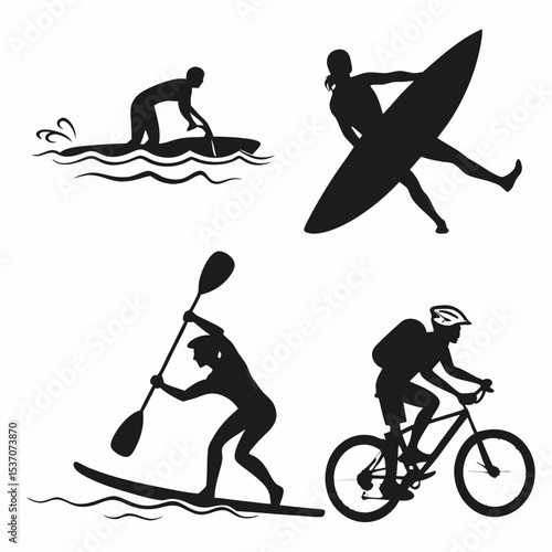 Active lifestyle water sports cycling silhouettes