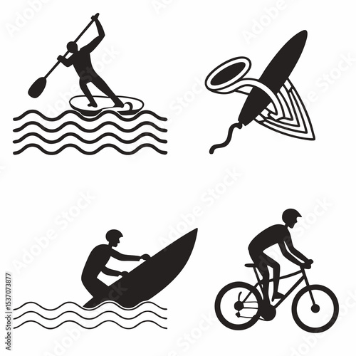 Active lifestyle icons paddleboarding surfing bodyboarding cycling