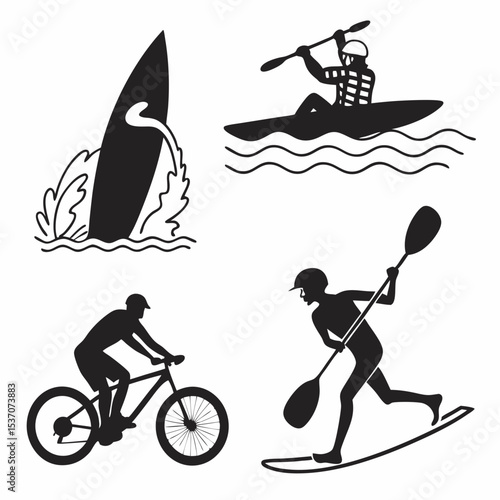 Active lifestyle sports icons kayaking cycling paddleboarding