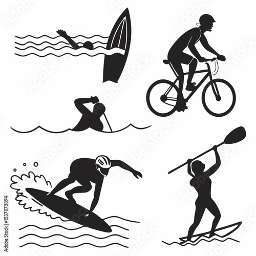 Active lifestyle water sports cycling silhouettes