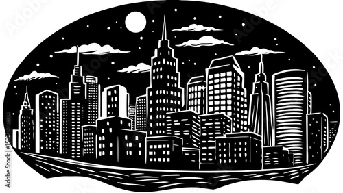 Stylized vector illustration of a city skyline at night, urban landscape design
