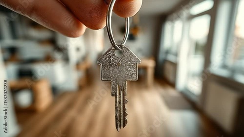 Close-up Hand Holding House Keys in Front of Modern Interior Background