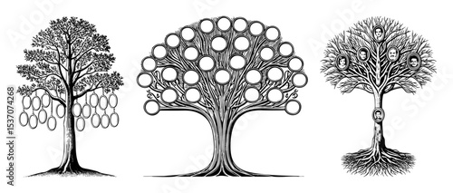 Vector Three genealogical trees with blank frames illustrate family history and ancestry.