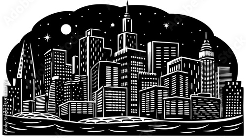 Detailed vector illustration of a nighttime city skyline, urban landscape art