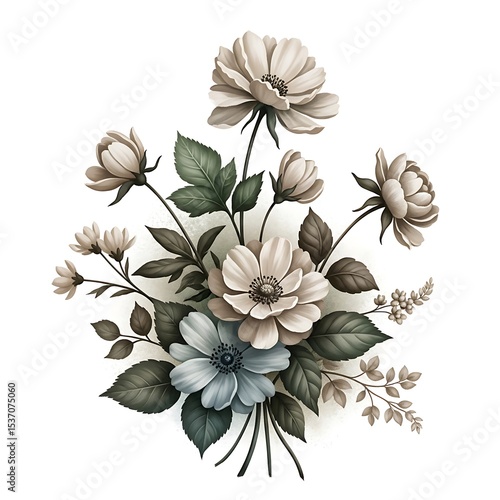 Sophisticated beige and ivory floral composition in a soft painterly style with elegant botanical elements on white background