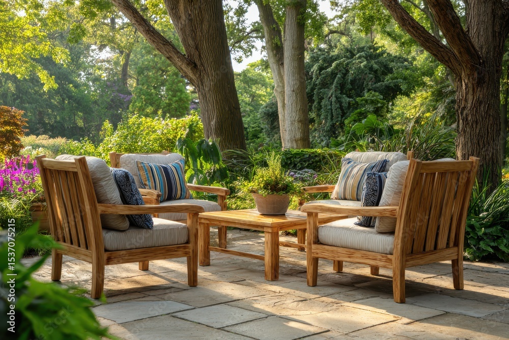 Outdoor seating arrangement on a patio surrounded by lush greenery and trees. Outdoor seating arrangement on a patio surrounded by lush greenery and trees.