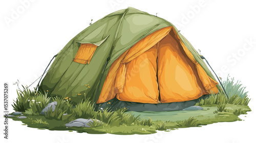 An illustration of a dome-shaped camping tent. The tent is primarily green with a yellow interior visible through the open entrance. The tent is situated on a grassy patch with some rocks visible