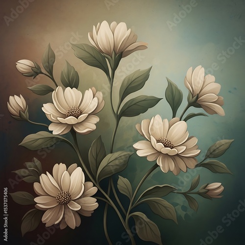 Stylized floral painting with creamy flowers and muted green foliage, exuding vintage charm and seasonal elegance
