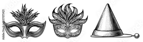 Vector Elegant carnival masks and a jesters hat are displayed in a vintage-style .